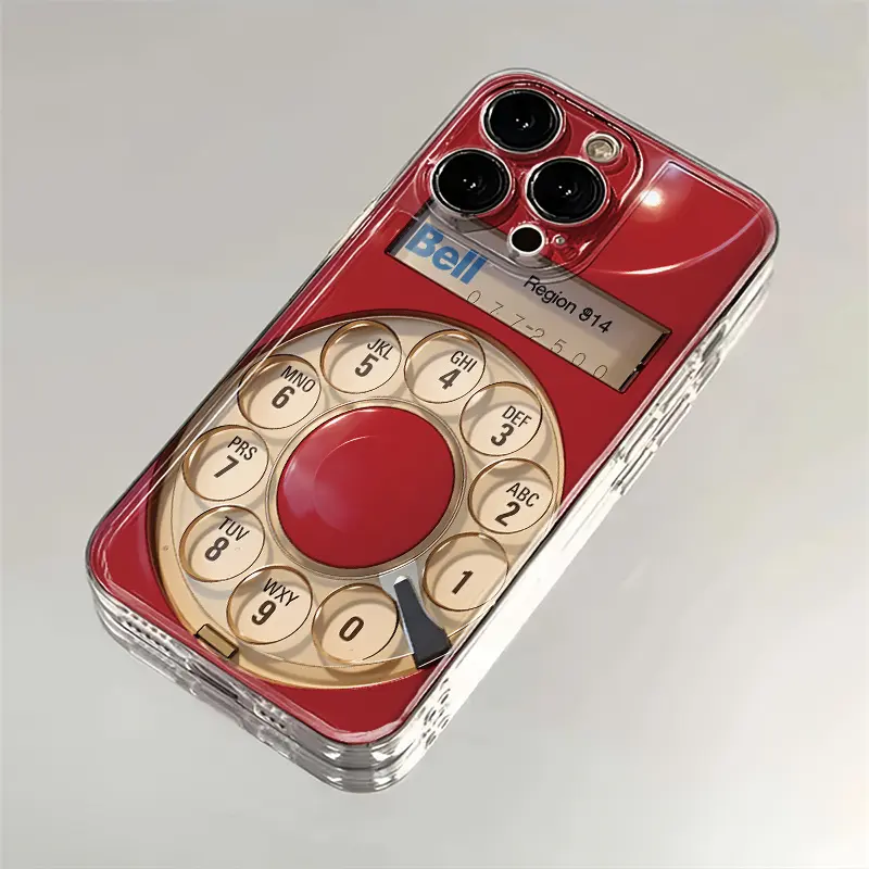 Red Rotary Dial Silicone Shell Phone Case, Vintage Telephone Artwork, Water Resistant Full Coverage for iPhone Series (17,16,15,14,13,12,11,X,Plus,Pro,Max), Fits iOS, Vintage Tech Gift