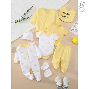 ERT-8pcs Baby Girl Spring/Summer Set with Comfortable Soft Sun Print Romper, Hat, Bib, Socks, Pants, Jacket & Tank Top 3pcs Outfit, Perfect for Outdoor Cotton Material