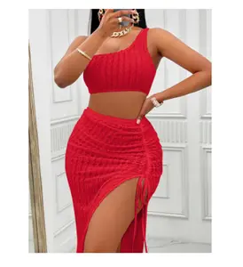 Sleeveless Two Piece Sets Womens Outifits Solid Sloping Neck Short Top High Slit Long Skirt Sets Elegant Sexy Club Summer Set