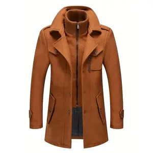 Men's Stand Collar Wool Blend Pea Coats With Removable Inner Collar Single Breasted Overcoat Casual Jackets Beige