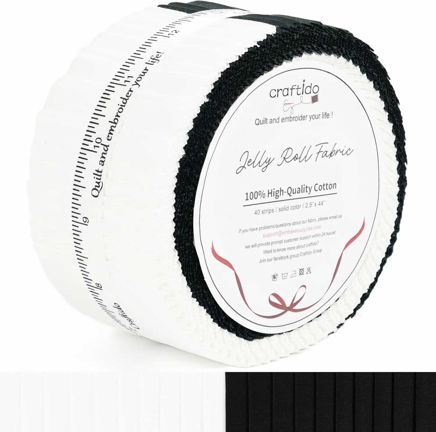 Craftido Mercerized Cotton Jelly Roll Fabric - 40 Precut 2.5"x44" Strips (20 White+20 Black) with Anti-Fray Edges, Breathable, Soft, Silky Luster, Enhanced Strength, Durable for Quilting, Home Decor, Bags, Color Stays Vivid