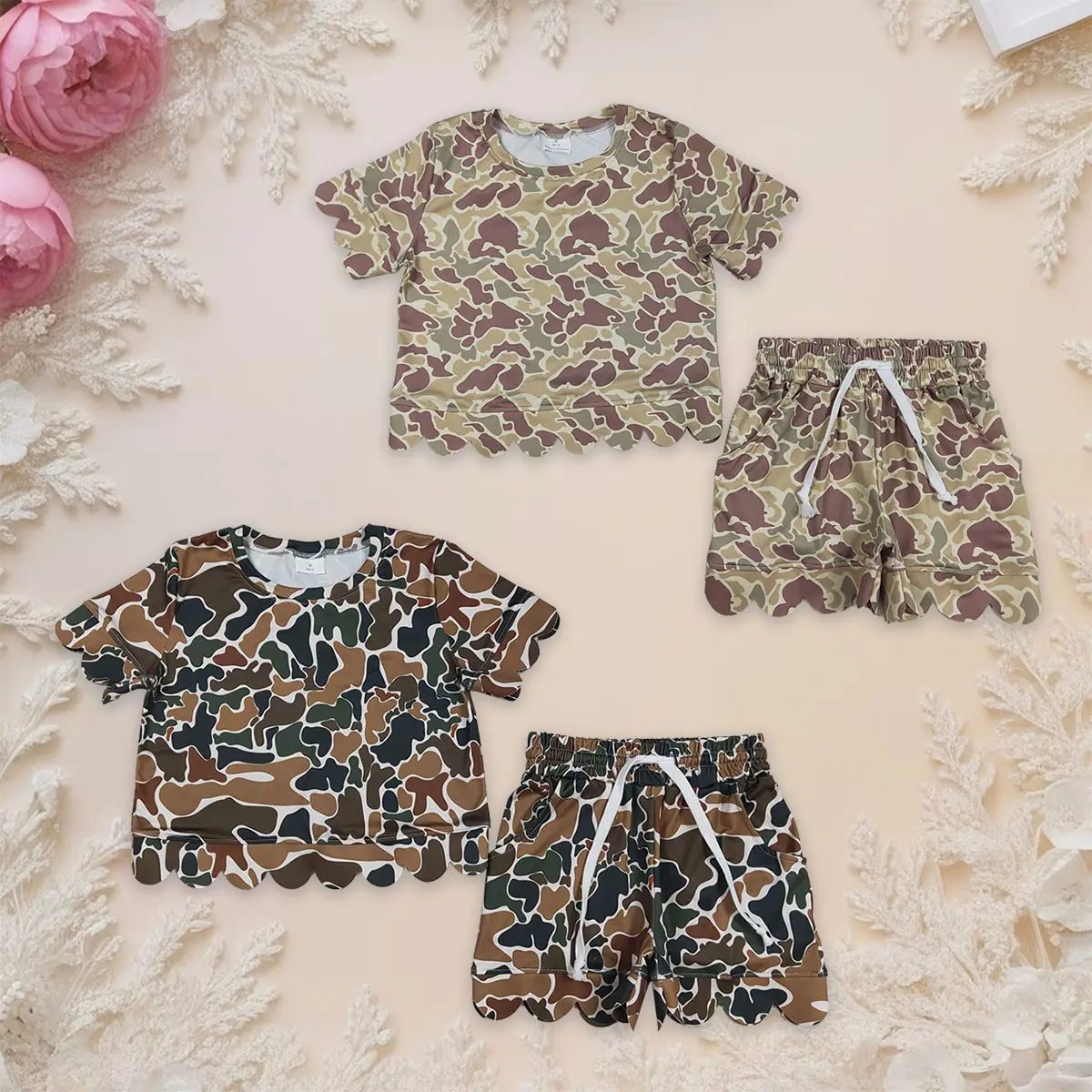Toddler Girls' 2-Piece Cotton-Elastane Coordinated Clothing Set (2T) - Cute Short-Sleeve Pocket Shirts, Scallop Shorts with Adjustable Drawstrings, Camouflage Print Spring Summer Outfits