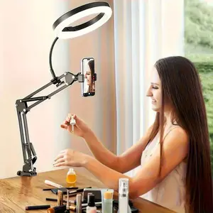Upgraded Hanging Phone Camera Stand with Ring Light and Microphone, Flexible Desktop Mount Selfie Stand for Cooking Photography Makeup Live Streaming and Zoom Meetings