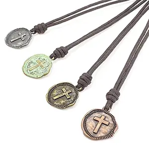 Cross Leather Necklace Mens - Men Cross Coin, Religious Pendant, Medallion Necklaces, Christmas Gift, Catholic Pendant, Christian Charms, Women Gifts to Husband Cute Crosses Best Friend