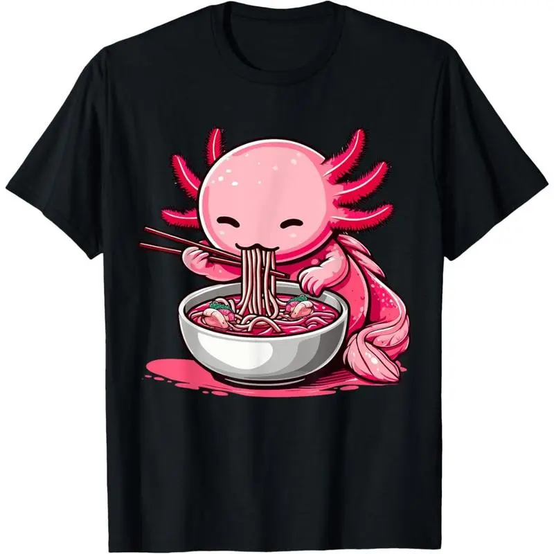 Unisex Graphic Print Tee with a Kawaii Axolotl Ramen Cartoon Print, Casual Streetwear Style in Soft 220gsm Heavyweight 100% Cotton, Cartoon Print Tee