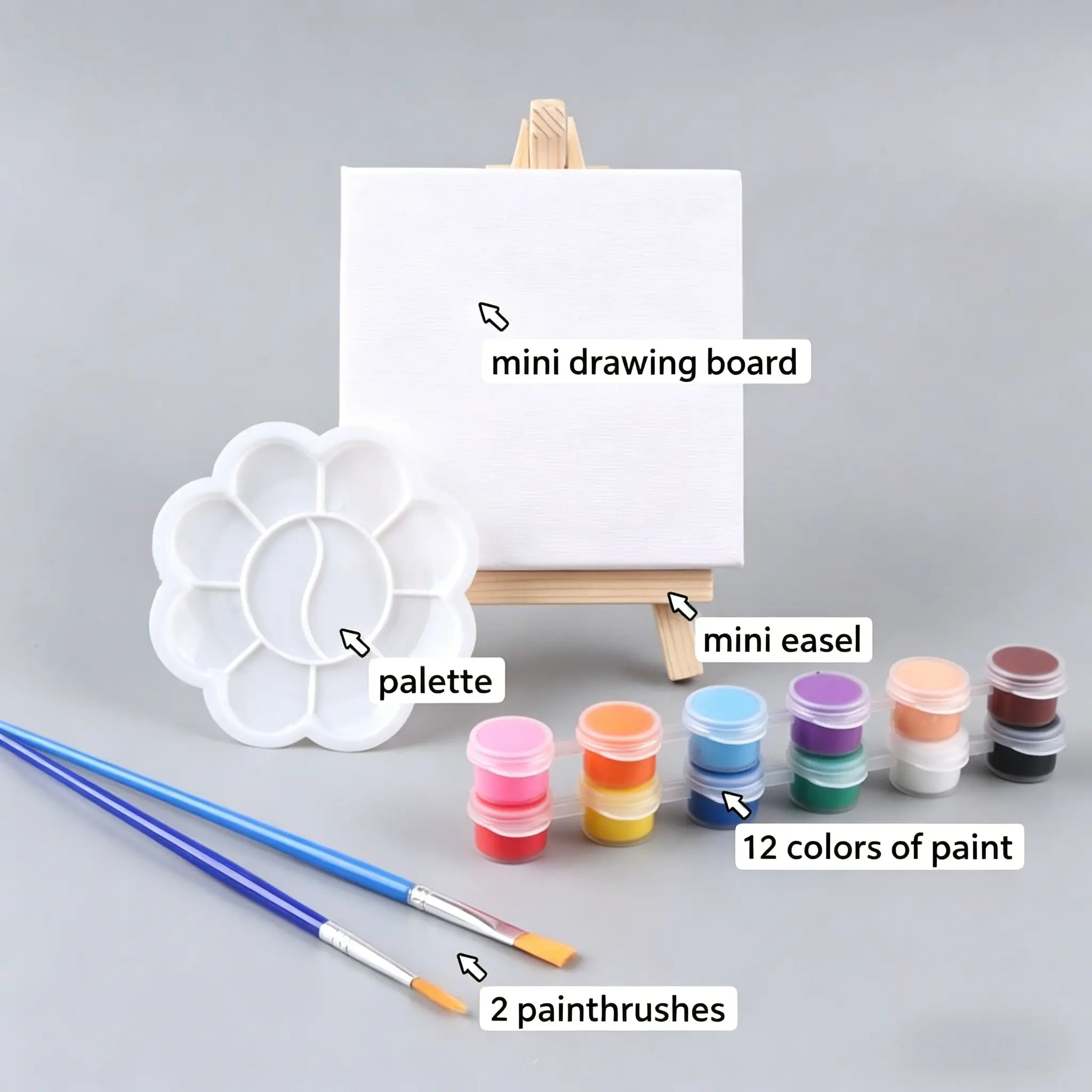 Art Canvas Board Set, 17 Pieces, Drawing Supplies Kit, Art Crafting Kit, Includes Blank Canvas, Easel, 2 Brushes, Palette, 12 Acrylic Paints, Mini Art Kit for Adult Parties
