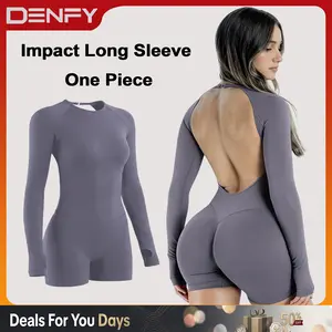 DENFY Impact Long Sleeve One Piece Unitard Fitness Gym Bralette Soft Workout Activewear