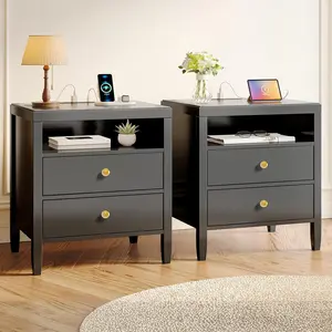 Huuger Black Nightstand Set of 2, Night Stand with Charger Station, Bedside Table with 2 Drawers, Bed Side Tables for Bedroom, Modern Nightstands, Metal Knobs, Painted Surface