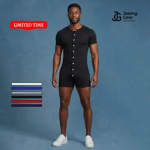 Men's Soft Short-Sleeve Henley Onesie Jumpsuit - Stretchy Cotton Menswear Pajama Set, Loungewear with Button Closure, Tagless Label for Comfortable Home Sleepwear