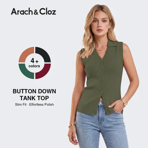 Arach&Cloz Women's Soft Cotton Polo V Neck Slim Fit Sleeveless Business Casual Top  2026