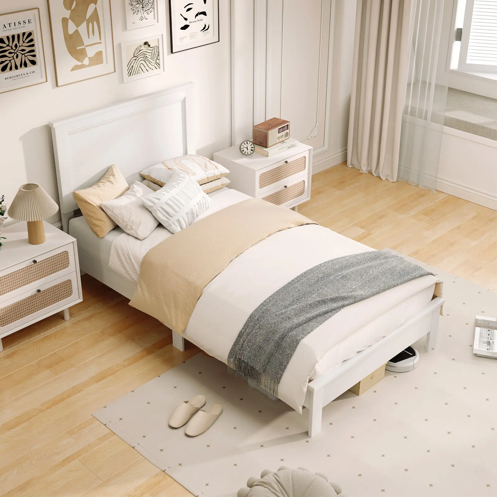 COSTWAY - Twin Size Wooden Bed Frame with Headboard and Slat Support-White