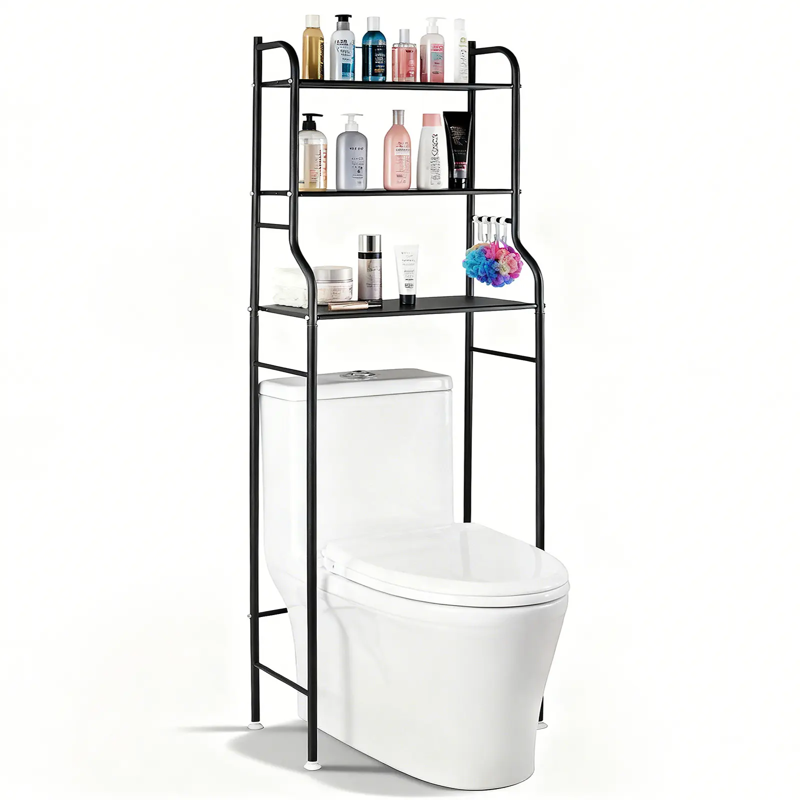 SENROB 3-Tier Behind The Toilet Storage Shelf Organizer, Over The Toilet Shelf with Toilet Paper Holder and 4 Hooks - Freestanding Metal Bathroom Storage for Small Spaces, Black Over The Toilet Storage Rack