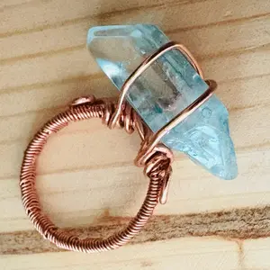 Copper wire wrapped aqua dyed quartz ring