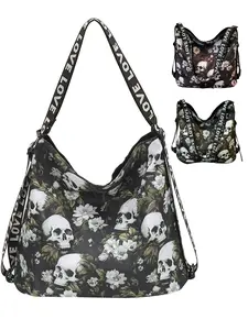 Vintage Skull Pattern Women's Tote Bag, Large Capacity Shopping Shoulder Backpack, Street Style Travel Bag, All Seasons Use