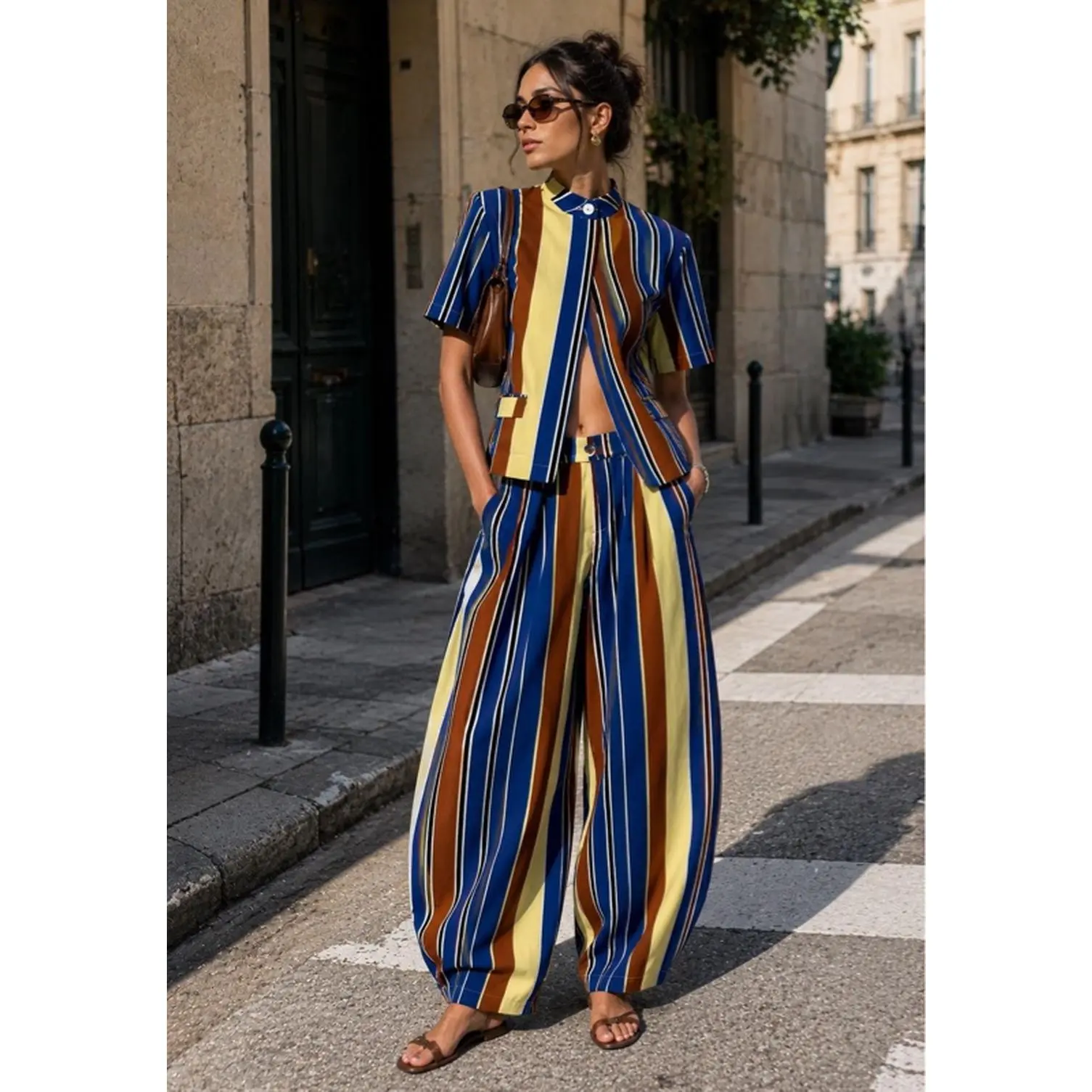 Mediterranean Strips Set - Bold Multi-Colored Vertical Stripe Pattern in Blue Yellow and Brown for Stylish Outfits