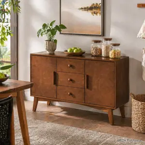 47.3" Wide Mid-Century Modern Walnut Wood Grain Sideboard Buffet Cabinet - MDF Frame, Solid Legs, Rounded Form, 2 Doors, 3 Drawers, Ample Storage, Quick Setup, Accent Console Table for Kitchen, Dining Room, Solid Feet