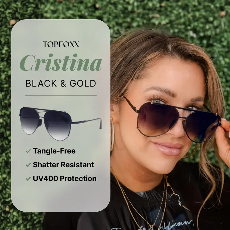 Topfoxx Cristina Faded Black & Gold Tangle-Free Aviator Sunglasses | Women's Fashion Eyewear with UV400 Protection & 3X Tested Shatter-Resistant Lenses - Trendy Stylish Eyewear Sun Shades for Everyday Outdoor Wear