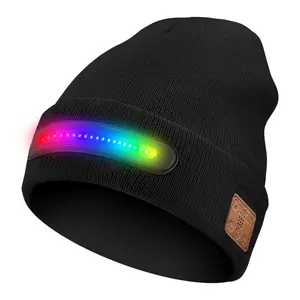 USB Rechargeable LED Illuminated Knitted Hat with Built-in Speaker & Microphone Three Brightness Levels Bluetooth Functionality Detachable Ear Covers