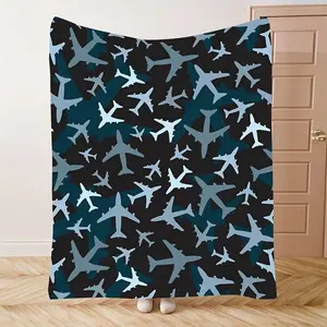 1pc Of Comfortable Airplane Model Blue Cartoon Fun Art Theme Pattern Flannel Blanket, Soft And Warm, The Perfect Gift For Holiday Memories, Suitable For Best Friends And Family, Ideal For Naps, Camping, Travel, And Home Decor