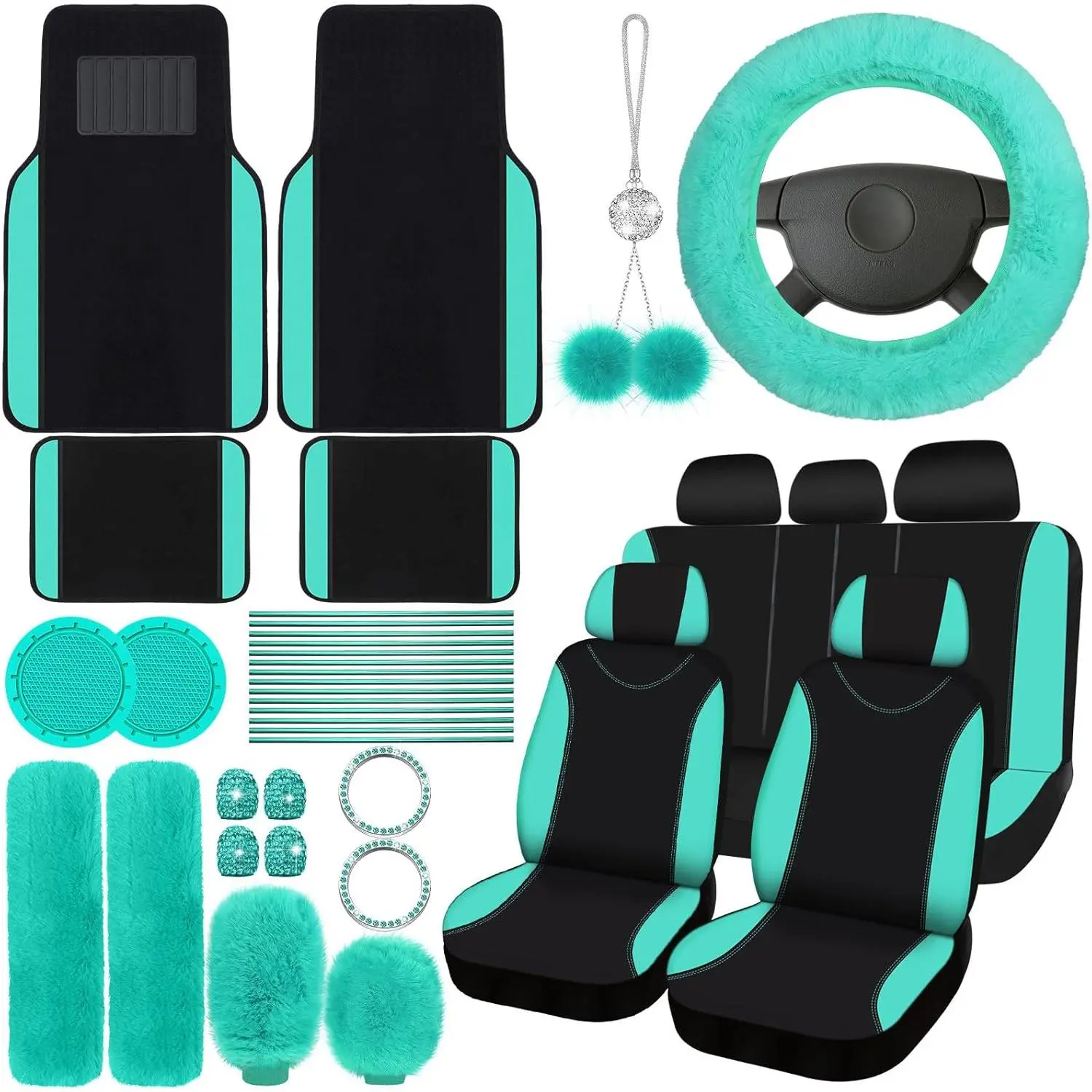 Women's Synthetic Universal Car Interior Kit - Full Set Fluffy Front-Rear Seat Covers for Cars, Steering Wheel Wrap, Seat Belt Protectors, Automotive Floor Mats, AC Decoration Strips (Mint Green) - Improves Atmosphere, Ideal Gifts