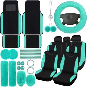 Seat Cover Full Set for Women Included  Front Rear Seat Fluffy Steering Wheel Cover Belt Automotive Floor Mats Air Conditioner Decoration Strip Universal(Mint Green)