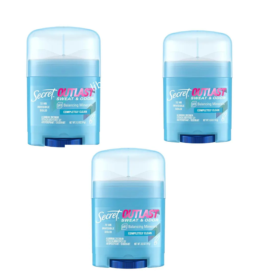 Pack of 3 Outlast Antiperspirant Deodorant for Women, 72hr Sweat & Odor Protection, PH Balancing Minerals, Invisible Solid, Completely Clean Scent, Travel Size, 0.5 oz