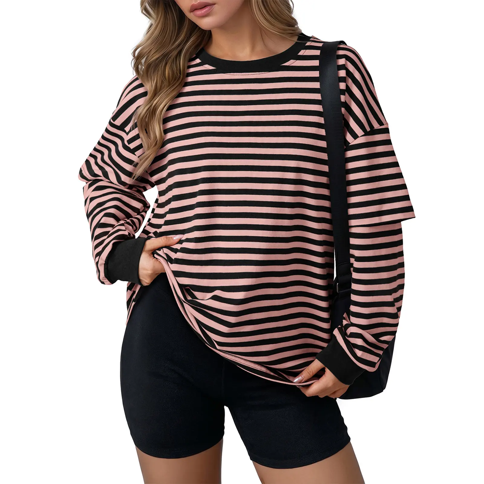 Aleumdr Women's Cute Cotton Oversized Long Sleeve Crew Neck Pullover Shirt, Loose Fit Striped Sweatshirt with Ribbed Trim & Ribbed Cuff