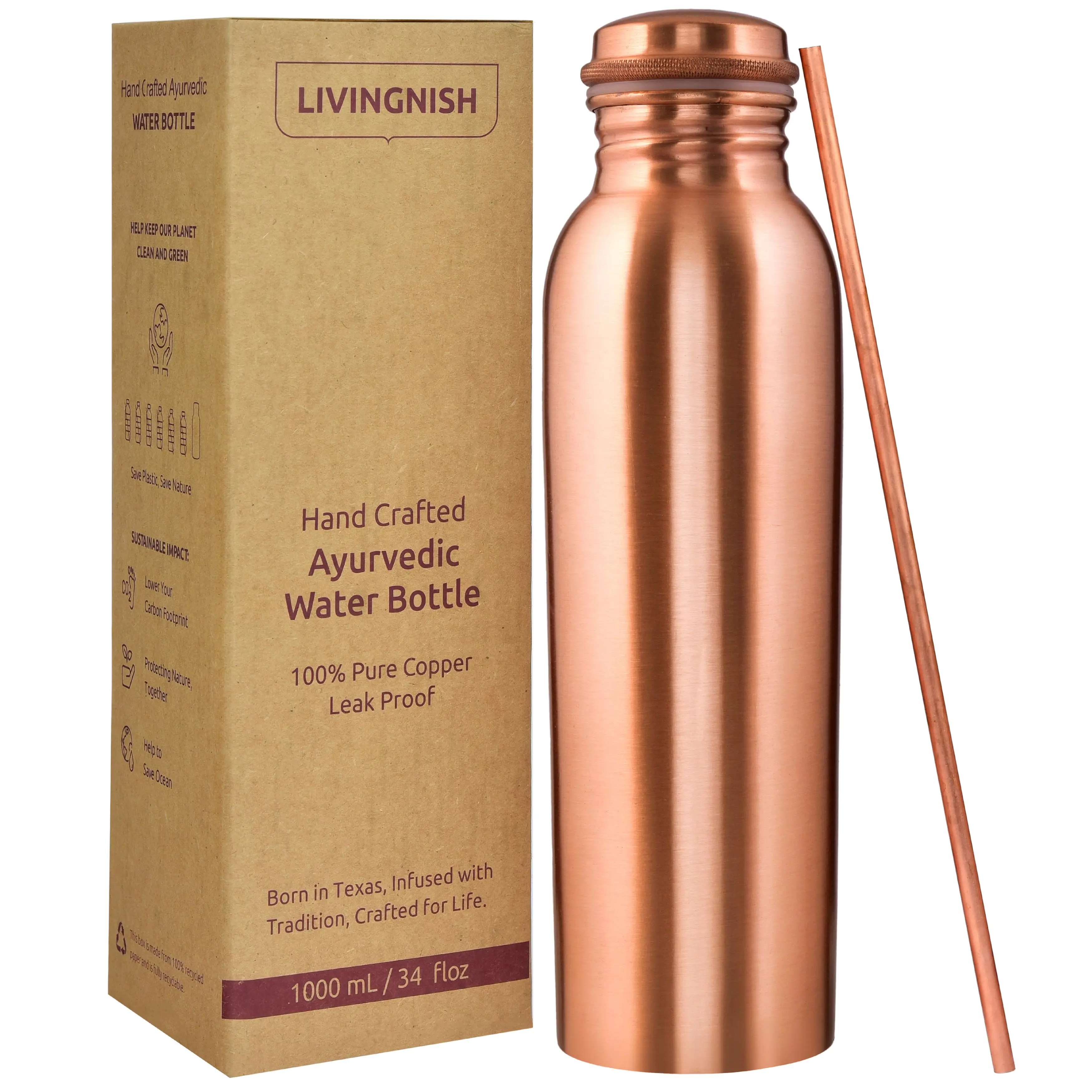 Traditional 100% Pure Copper Water Bottle - 34 oz Refillable, Leakyproof Kitchenware Drinkware Cup, Refillable Water Bottles