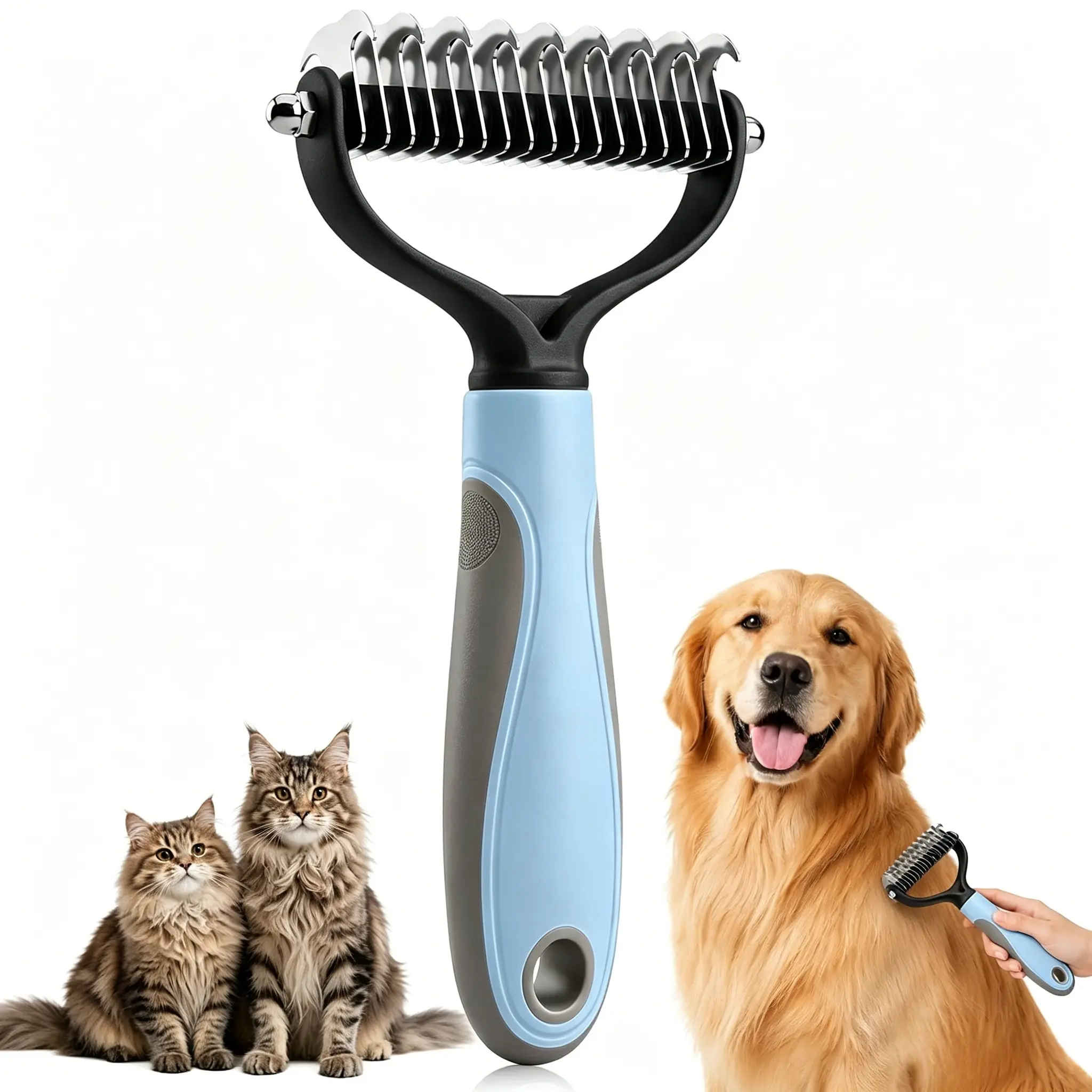 Pet Knotter Double Sided Grooming Brush (Extra Wide), Undercoat Rake for Dogs & Cats, Professional Long Hair Deshedding Tool for Detangling, Dematting and Shedding Hair Removal