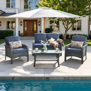 【Summer Vibes】OVIOS 4-Piece Outdoor Patio Furniture Set, Cozy High-Back Wicker Sofa Set with Cushions & Coffee Table, Modern Outdoor Conversation Set for Backyard Patio Porch Deck Garden Balcony Poolside Seating
