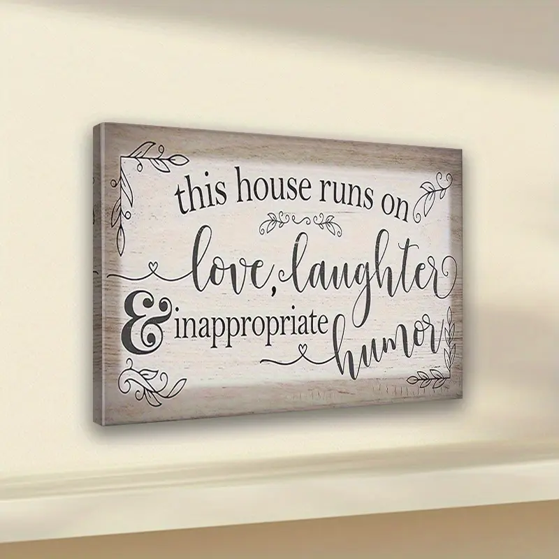 Classical Wooden-Framed Pine Cloth Canvas Text Art Sign - "This House Runs on Love, Laughter, and Inappropriate Humor" - Funny Farmhouse Vibe Living Room Wall Decor, Living Room Decor, Funny Decor