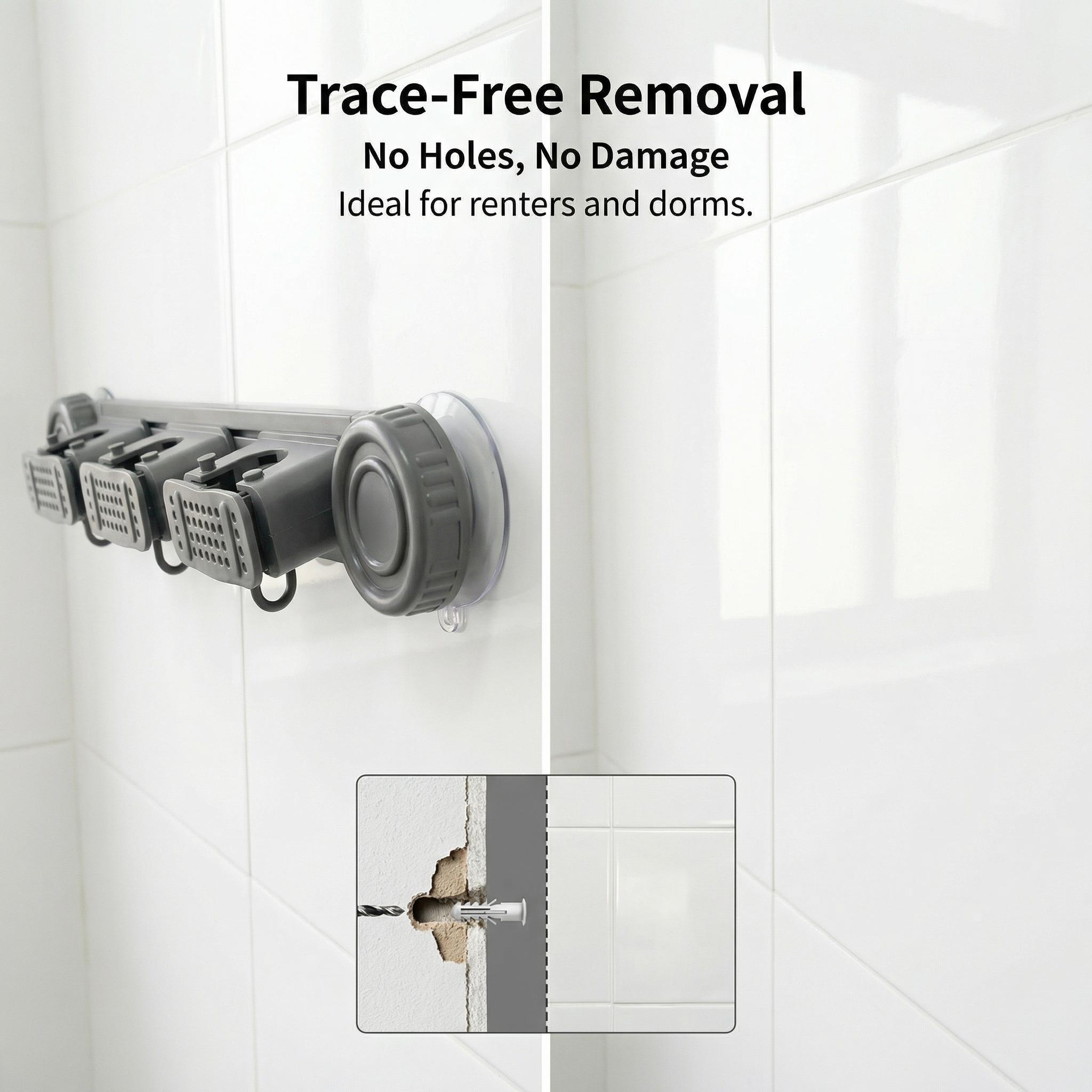 No Drill Suction Cup Mop Holder, Heavy Duty 10KG Space Aluminum Broom Organizer with Hooks, Wall Mounted Damage-Free Storage Rack for Bathroom Kitchen Laundry Room