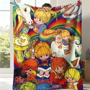80s Retro Rainbow Brite Cartoon Flannel Throw Blanket - Bright Background, Full Cast Compilation, Cozy Soft Design Featuring Starlite the Horse, Twink Sprite & Friends, Nostalgic Gift for Vintage Cartoon Lovers