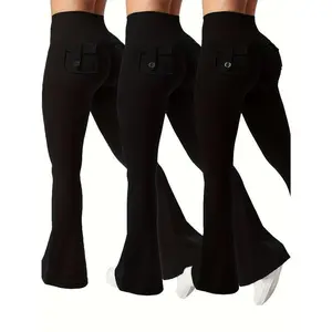 3pcs Of Black, Gray And Green Fashionable Workwear Style Bell Bottoms, Women&#   39;s Casual Bell Bottoms, High Waist Pocket Sportswear, Work Style Peach Hip Pants, Sports Quick-drying Tummy Control Butt Lifting Trousers Flare Leg