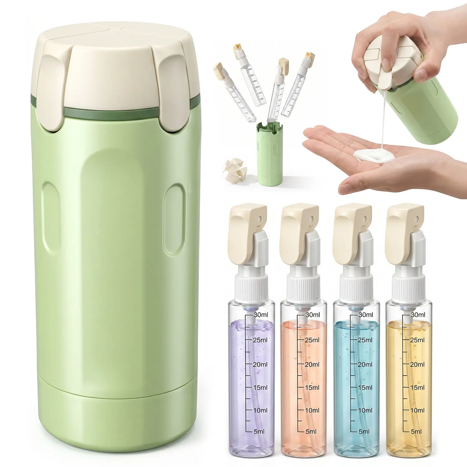 4 in 1 Travel Dispenser Bottle, Leak Proof Refillable Toiletry Containers for Shampoo, Conditioner, Lotion & Skincare – Easy Clean Travel Bottles for Gym, Business