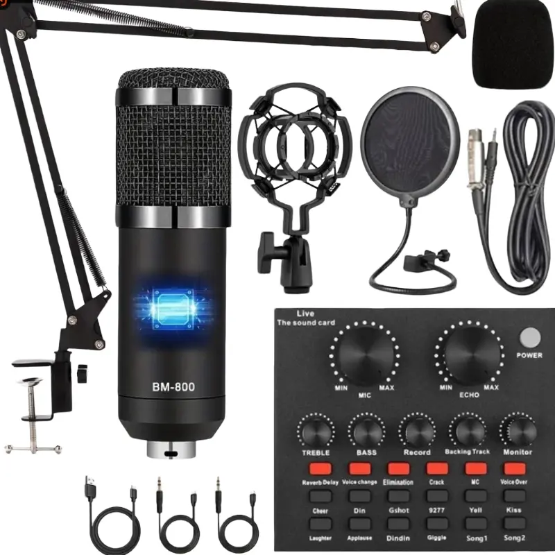 BM800 Podcast Microphone Bundle, USB Rechargeable Condenser Studio Microphone with V8 Sound Card, Professional Audio Equipment for Laptop Computer Vlog Live Streaming, Recording, Accessory, USB Audio Interface