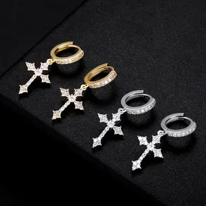 Cross Hoop Dangle Earrings 14K Gold Plated | Cubic Zirconia Cartilage Hypoallergenic | Silver Cross Dangle Drop Earrings For Men Women