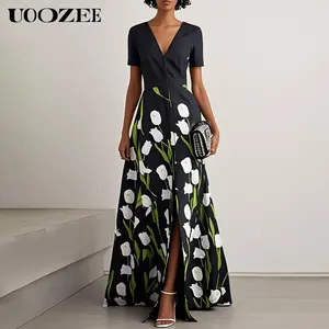 UOOZEE Women's 2026 New Summer Elegant Floral Printed Pockets V-neck Dress, Short Sleeves A-Line Party Evening Maxi Dresses, Ideal for Summer Wedding Guest, Cocktail Parties & Garden(Smaller Bust Fit - Check Size Guide or Order One Size Larger)