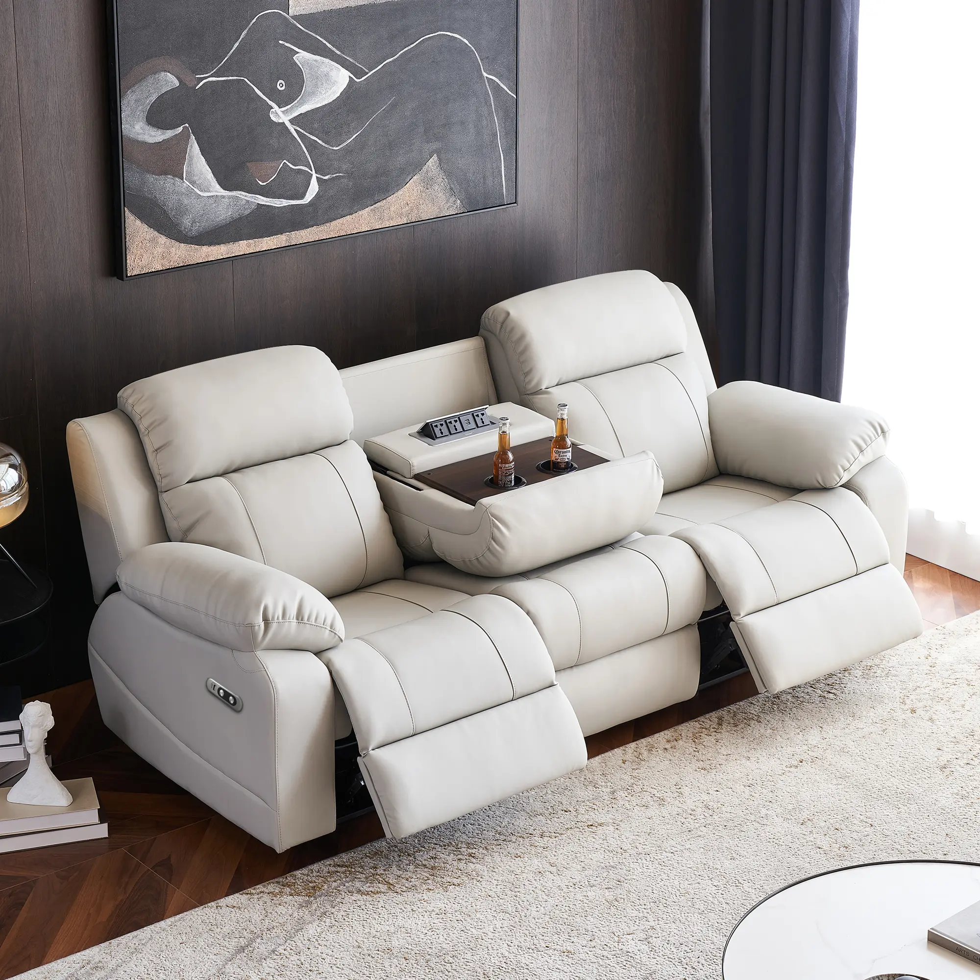 【3 Packages Shipping】3 Seater Power Recliner Sofa, Home Theater Seating with Drop-Down Console, Cup Holders, USB/Type-C Ports & Power Outlets, 5-Min Tool-Free Assembly Reclining Couch