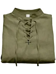 Men's solid-color retro linen sport Henry shirt, breathable, moisture-wicking, lace-up stand-up collar long-sleeved shirt, daily casual essential, Athletic Fashion, Athletic Shirts