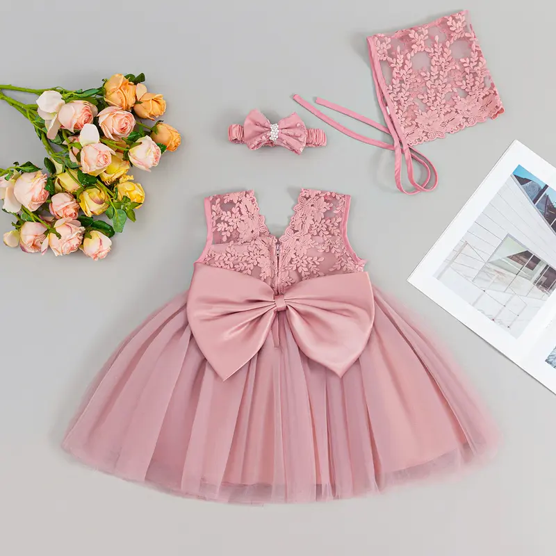 infant girl formal dresses Plain Puffy Mesh Sleeves Baby Girl Formal Party Dress, Pink / 12M