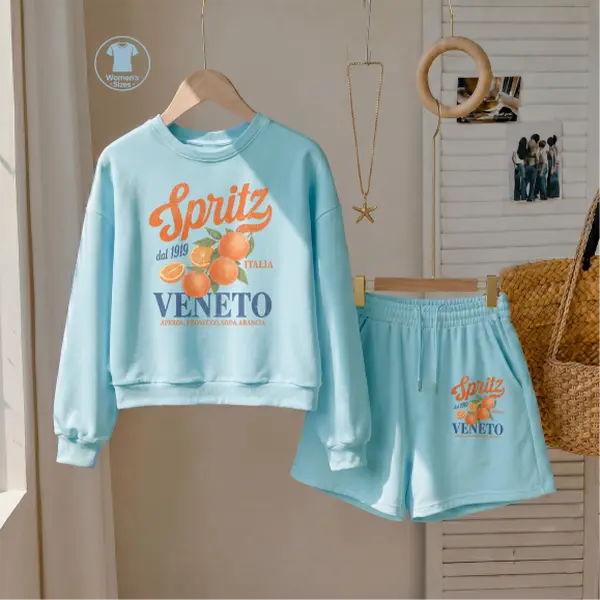 Women's 2-Piece Lounge Set, Minimalist Fruit Graphic Sweatshirt and Matching Shorts, Soft Loose Fit Breathable Pajamas for Casual Wear, Top, Comfortable, Drawstring, Beach, Soft Aesthetic, Home Outfits, Crew Neck, Everyday, Two-Piece
