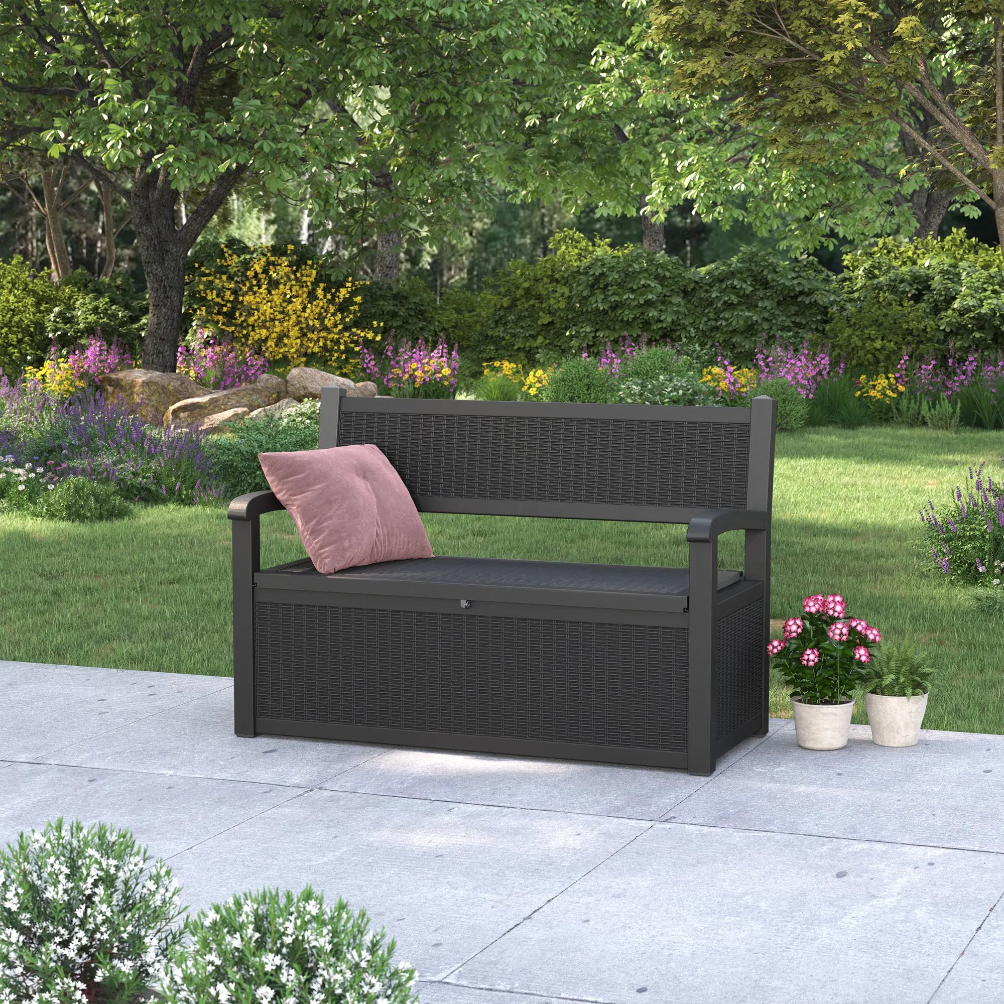 RIWENGO 70 Gal Water Resistant Durable Storage Bench Deck Box with Armrests, Secure Locking System, for Home Outdoor Furniture & Patio Organization