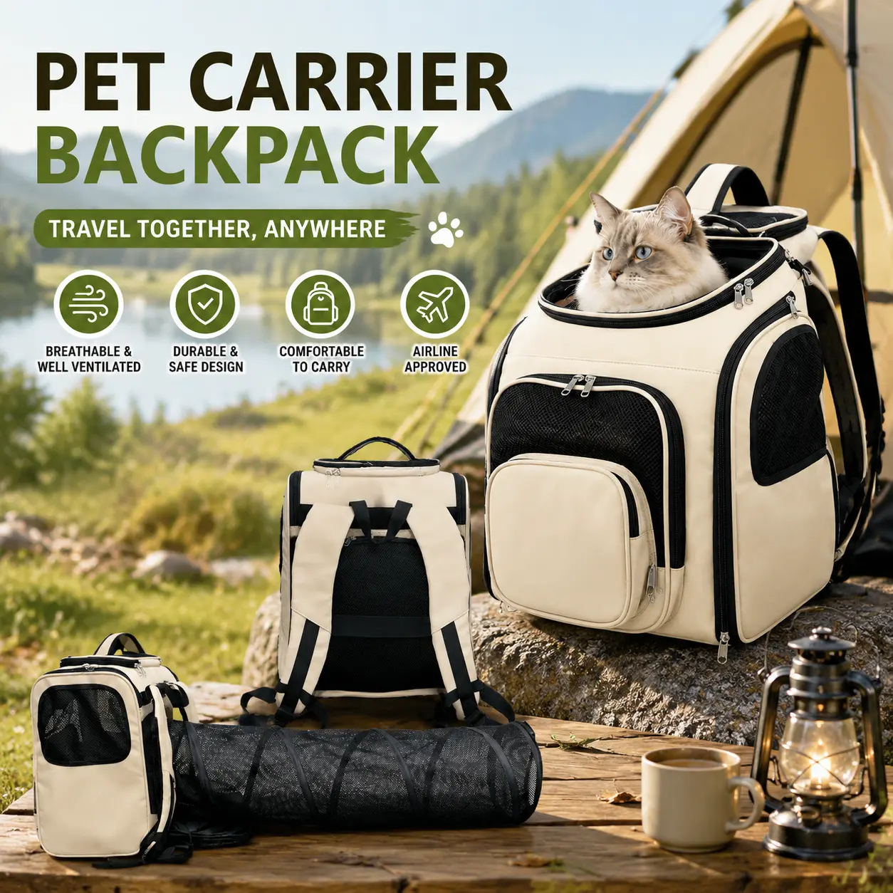 [Built for Outdoor Adventures]pawtech-Pet backpack Expandable Mesh Tunnel Design Extra Space for Pets Premium Ventilation – Breathable Mesh Windows Top, front, side, and tunnel openings make entry and exit effortless Suitable for Small Pets Adventure