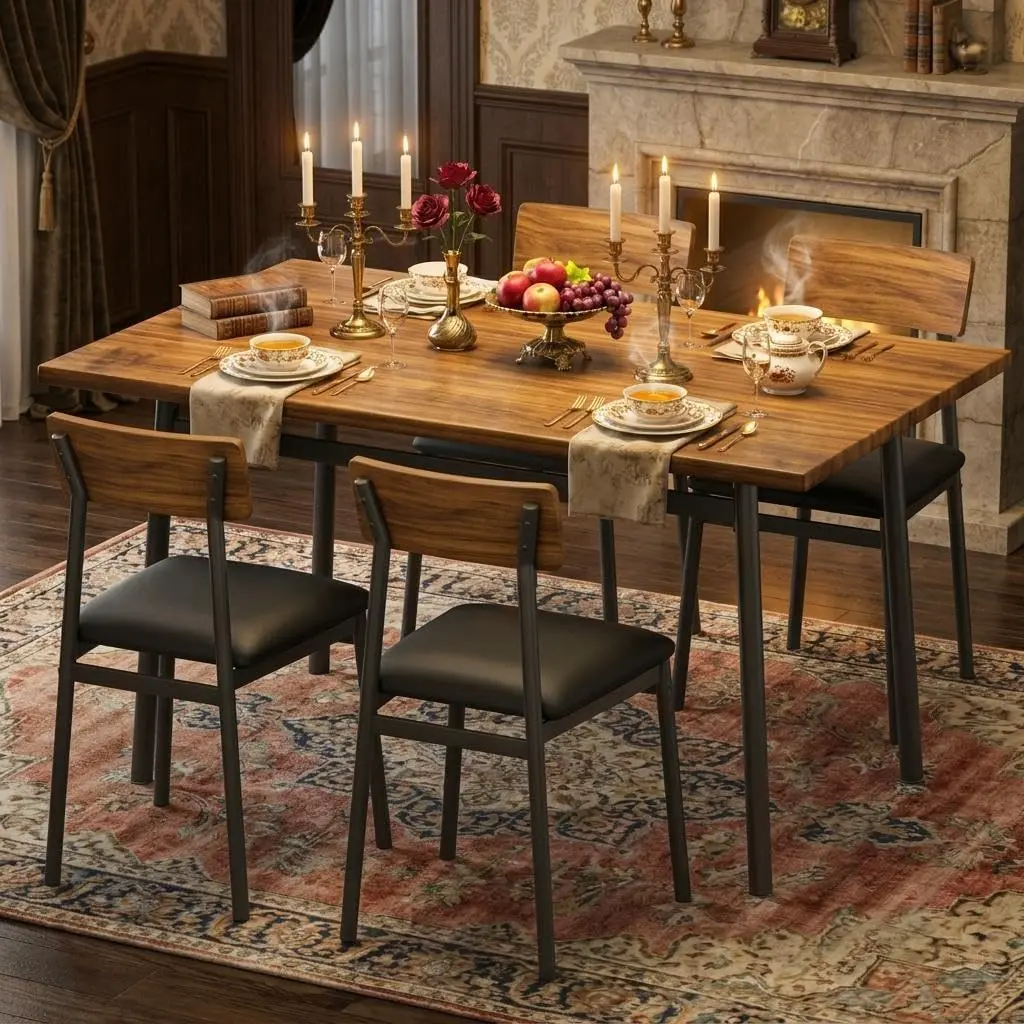 Modern Dining Table Set for 4 with Upholstered Chairs - Smooth Edges - Sturdy Wood Construction - Ideal for Apartment or Home Kitchen - Walnut/Black/ Grey  PVC Finish