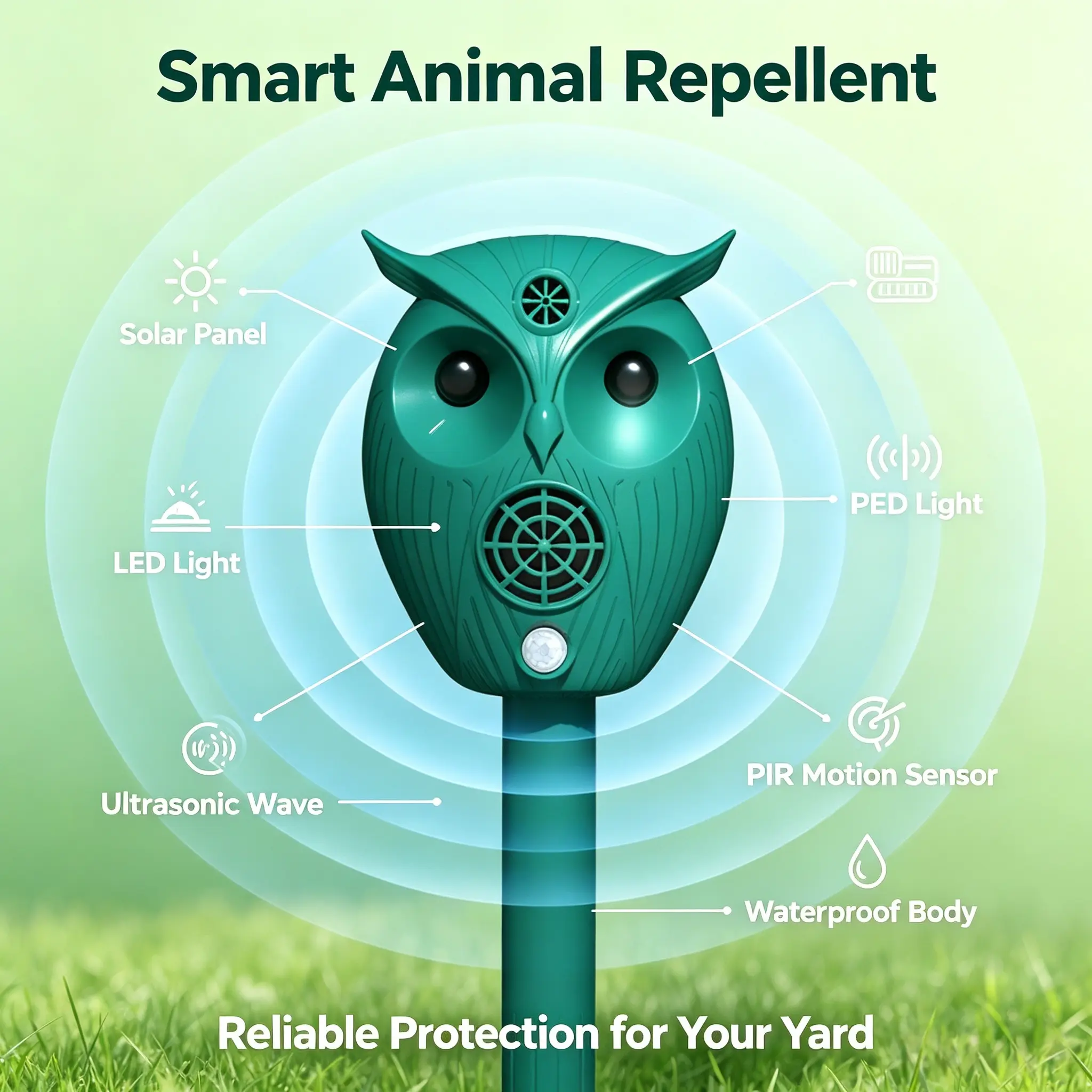 Ultrasonic Animal Repellent Owl Shape, Motion Activated Outdoor Animal Repeller, IP64 Waterproof Wildlife Deterrent Keep Cats Dogs Deer Raccoons Away From Lawn