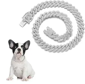 Silver Cuban Link Chain for Dogs, Diamond Dog Collar, Dog Chain Necklace Metal Bling Choke Collar 14mm Wide Pet Jewelry for Puppy Small Medium Large Dogs (16inch)