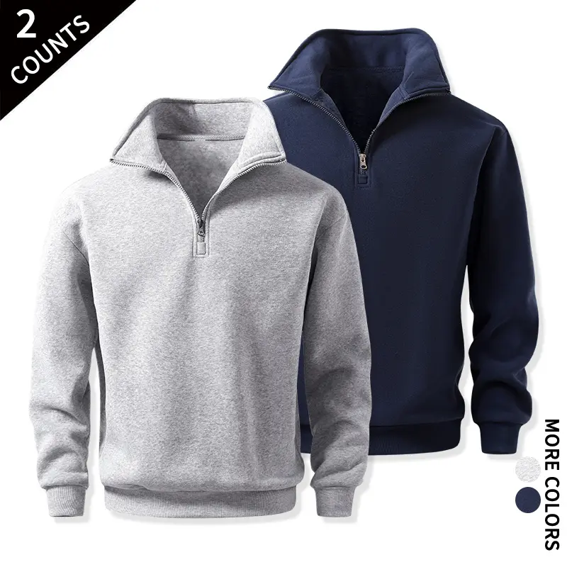 Versatile 2-Pack Quarter-Zip Fleece Sweatshirts, Classic Half-Zip Stand Collar Long-Sleeve Tops for Cycling, Shopping, and Casual Layering
