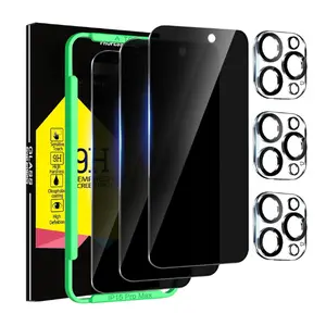 3 Pack Privacy Screen Protector for iPhone 15 Pro Max – Includes 3 Tempered Glass Camera Lens Covers, 9H Hardness, Case Friendly, Easy Install Frame, 2.5D Curved Edge