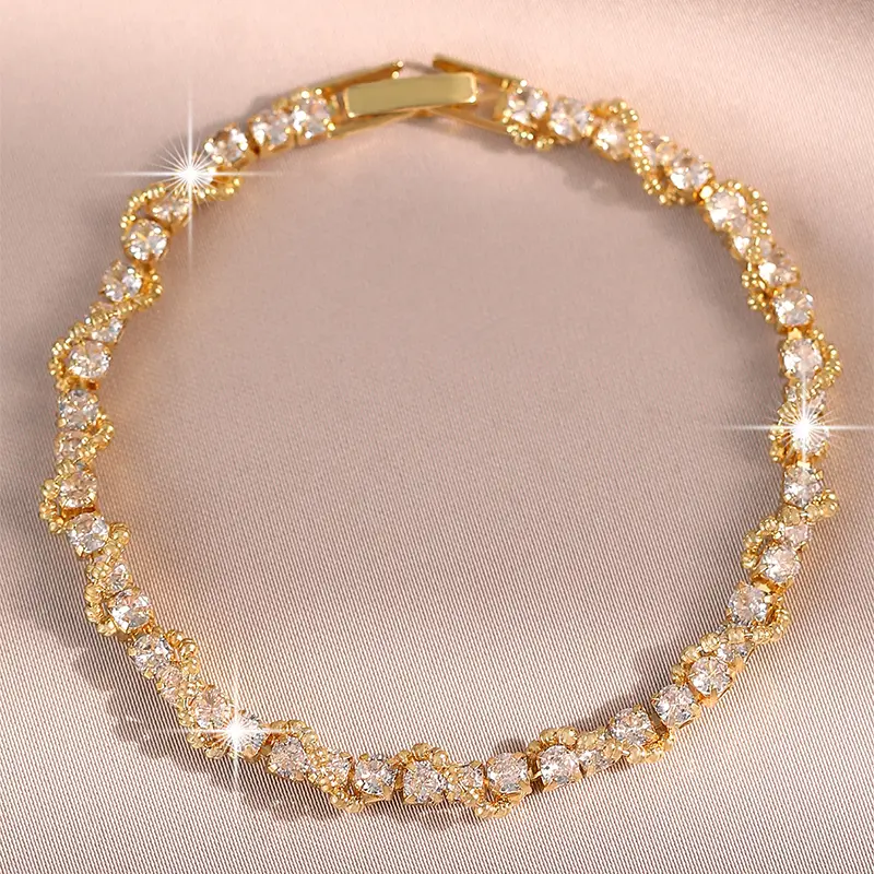 14k Gold-Plated CZ Twisted Tennis Bracelet,Trendy Sparkling Round Cubic Zirconia Diamond Women Rope Bracelets Jewelry for Women Wedding, Engagemnt,Daily Wear, Romantic Gift for Her